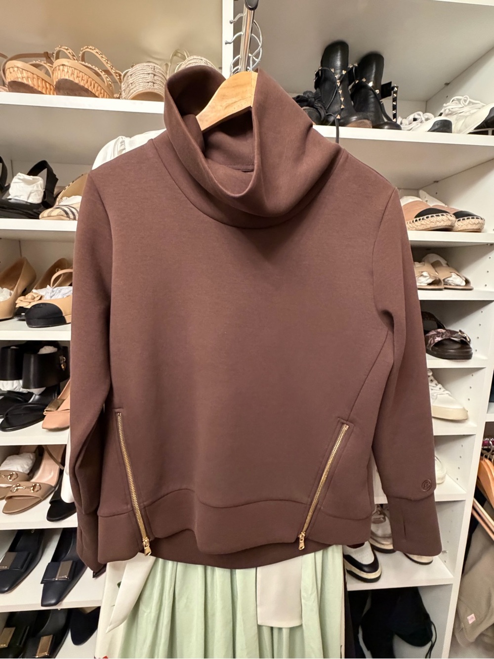 Addison Bay Brown Funnel Neck Sweatshirt with Gold Zippers- size XS